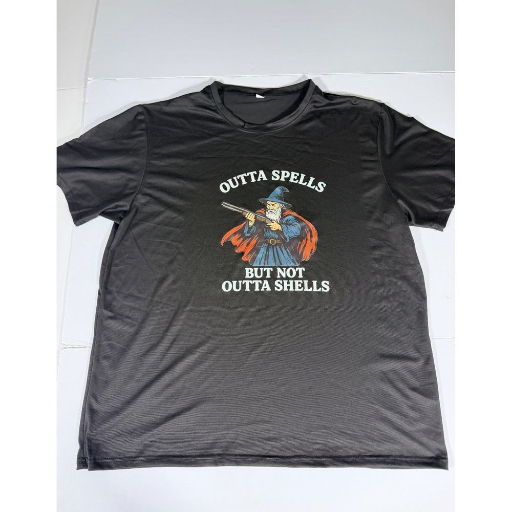 Outta Spells Wizard Holding Shotgun T Shirt Mens 2XL Black Graphic Short Sleeve‎